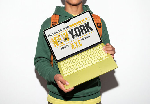 Mockup Template of Yellow Laptop Screen Held by Student with Backpack