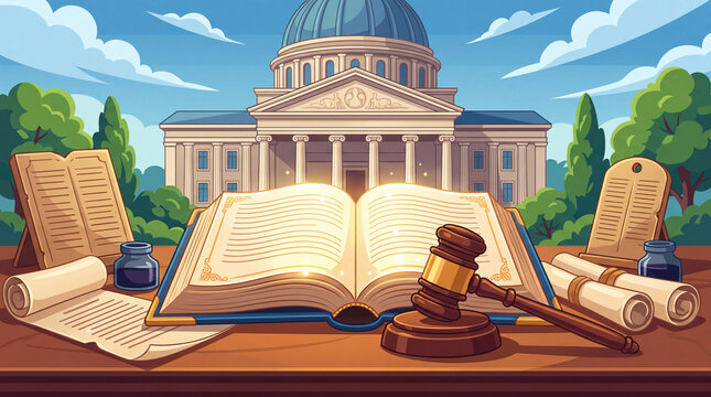 An illustration depicting a gavel and an open law book set against a government building symbolizes justice and the legal system, evoking thoughts about law and order.