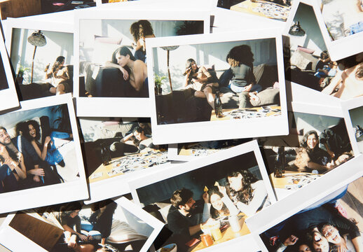 Mockup Template of Scattered Polaroid Photo Collage on Table