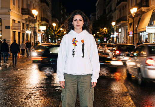Mockup Template of White Hoodie on Woman in Night City Street