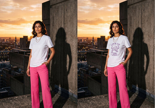 Mockup Template of White T Shirt on Woman at Rooftop Sunset