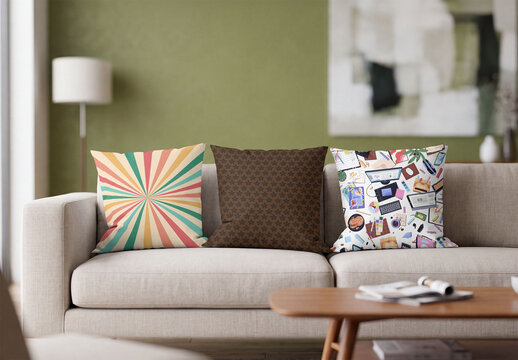 Mockup Template of Three Throw Pillows on Living Room Sofa