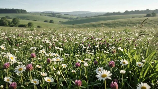 Sunlit Meadow With Wildflowers And Lush Rolling Hills In A Picturesque Countryside Landscape During Early Morning