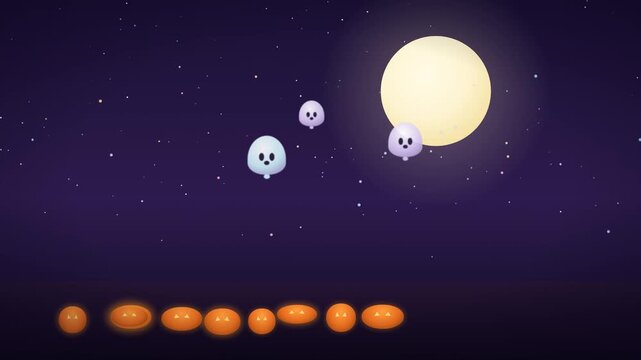 Playful pastel ghosts drifting over a glowing pumpkin patch under a full moon
