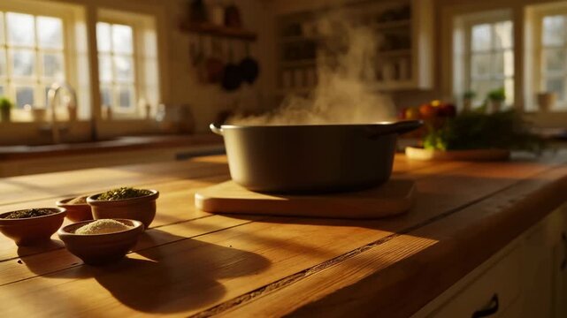 Cooking pot releases curling steam on wooden kitchen counter beside small seasoning bowls, with warm sunlight through windows, long shadows and softly blurred shelves in background