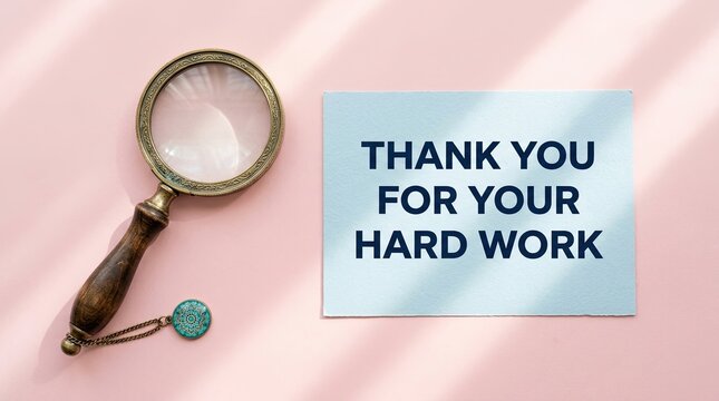 Appreciation concept with a magnifying glass and a thank you note on pink background