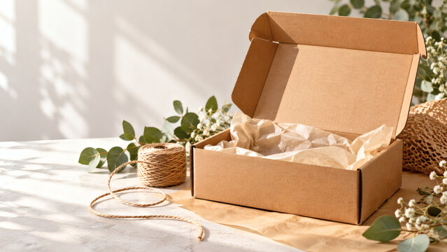 Blank kraft mailer box with tissue paper, jute twine and eucalyptus on white table in sunlight, eco friendly ecommerce packaging mockup