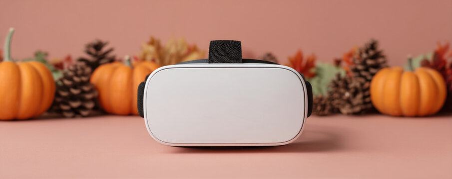Virtual reality headset with technology beside pumpkins and pinecones creates festive Thanksgiving display on warm pink background