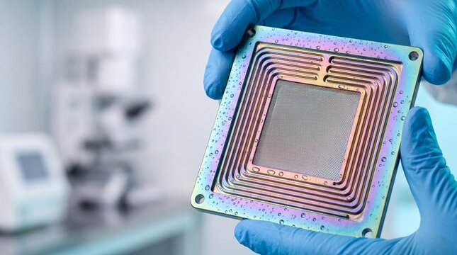 Cleanroom scientist holding iridescent anodized titanium bipolar plate with serpentine micro channels