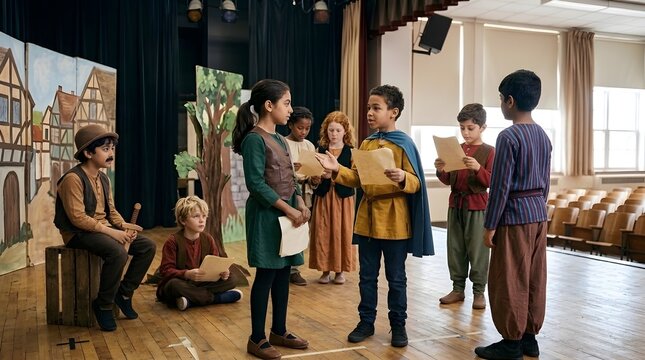 Diverse group of primary school children performing a dramatic play on a stage wearing costumes