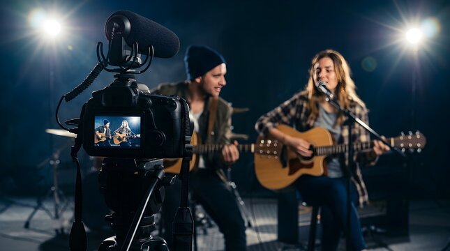 Young Musical Duo Singing and Playing Acoustic Guitars in Recording Studio While Filming Music Video