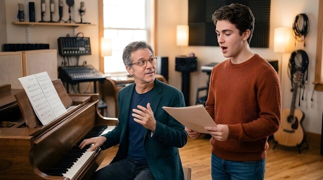 A young man takes a singing lesson from a vocal coach playing the piano in a home music studio