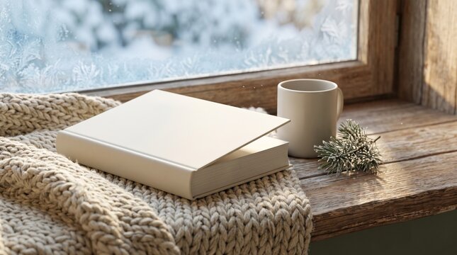 Cozy scene with a book, mug, and blanket by a snowy window - Winter weather