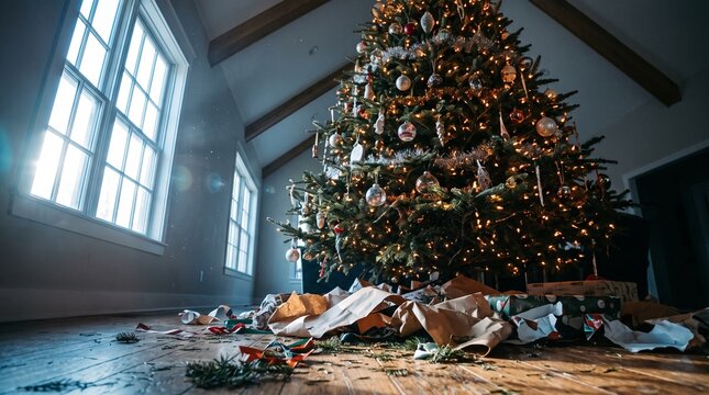 Christmas tree decorated with ornaments and surrounded by gifts indoors - Boxing Day