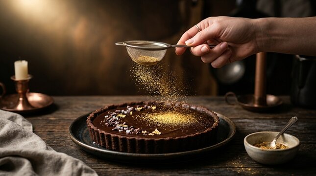 Finishing a Chocolate Tart with Gold Dust and Sprinkles