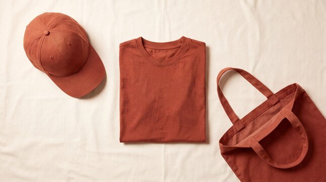 Rust colored t-shirt, baseball cap, and tote bag apparel mockup. Flat lay clothing items on neutral fabric background. Blank merchandise presentation for branding and fashion store.