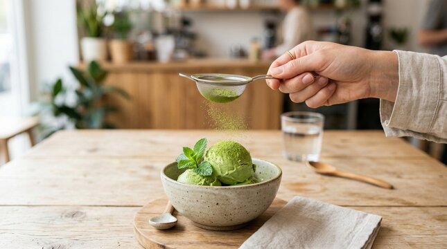 Green tea ice cream dessert with mint being dusted with matcha powder