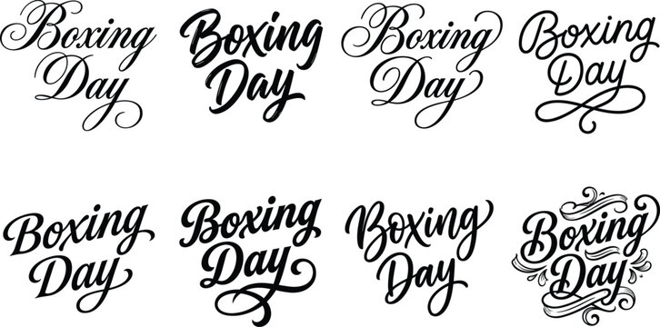 Boxing Day calligraphy lettering vector bundle with elegant script, brush pen, copperplate and decorative swash styles in black for holiday sale and greeting card designs