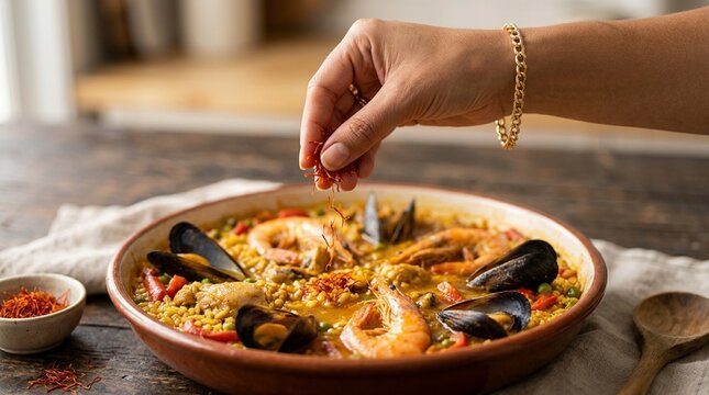 Hand Garnishing Saffron Paella with Seafood on Wooden Table