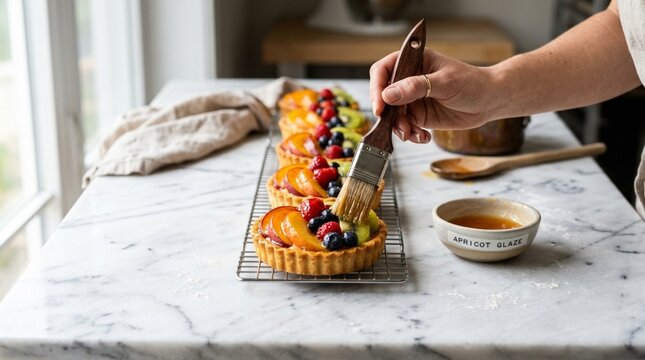 Hand glazing fresh fruit tarts on marble countertop, baking dessert