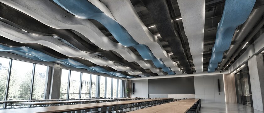 Sculpted wave acoustic felt baffles suspended in parallel rows across open industrial ceiling