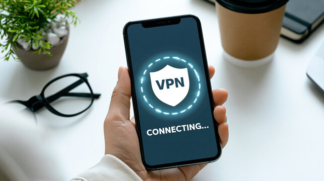 Hand holding smartphone with VPN connection screen on display in office environment, concept of cybersecurity online privacy data protection and secure internet.
