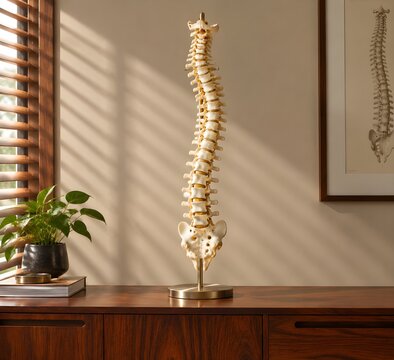 Anatomical human spine replica showing lumbar to cervical vertebrae mounted on a vertical brushed bronze rod for an orthopedic clinic