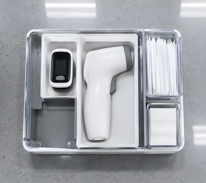 Ergonomic medical organizer caddy containing a wireless fingertip pulse oximeter and a contactless infrared temporal scanner