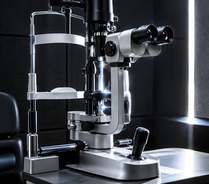 Precision ophthalmic slit lamp biomicroscope featuring binocular eyepieces chin rest assembly and joystick table base