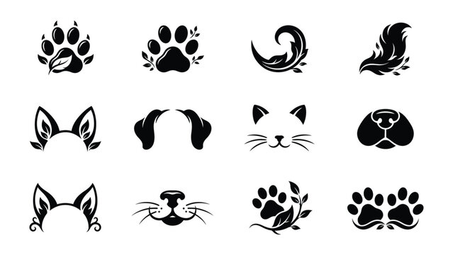Collection of Animal Emblems and Icons: A compilation of stylized black and white vector graphics featuring paw prints, animal ears, whiskers, and feathers, perfect for design elements or branding.