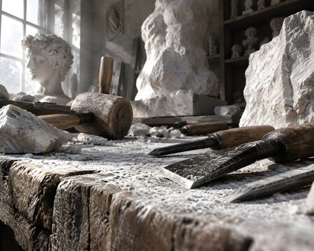 Sculptor studio workbench thick rough hewn oak table covered in fine white Carrara marble dust hand forged steel chisels