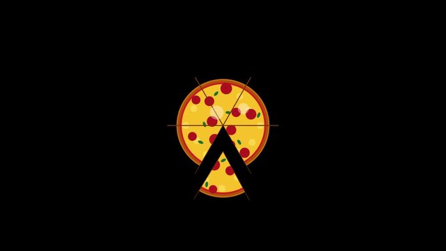 Animated flat graphic of a pepperoni pizza being portioned with tool