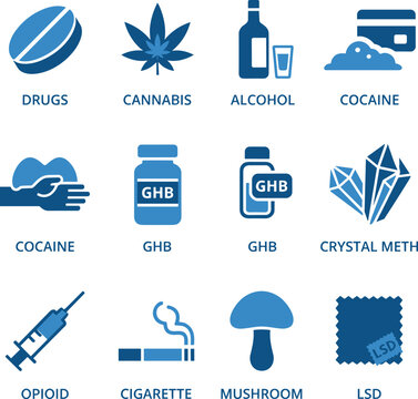 Substance abuse and drug addiction vector icon set, blue illegal drugs infographics symbols, addiction awareness iconography