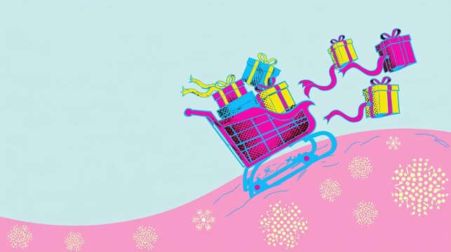 Pop-art illustration of a shopping cart sleigh loaded with gift boxes sliding down a snowy pink hill for holiday sales