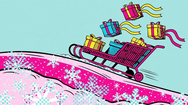 Pop-art illustration of a shopping cart sled carrying colorful gift boxes down a snowy hill with snowflakes, festive holiday sale