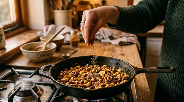 Person seasoning food in cast iron skillet on stovetop, kitchen cooking scene