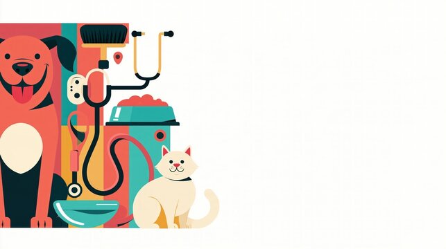 Flat vector illustration of a happy red dog and cream cat with stethoscope, food bowl and grooming tools on white