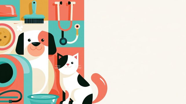Flat vector illustration of a smiling dog and a spotted cat with pet care and veterinary symbols beside copy space