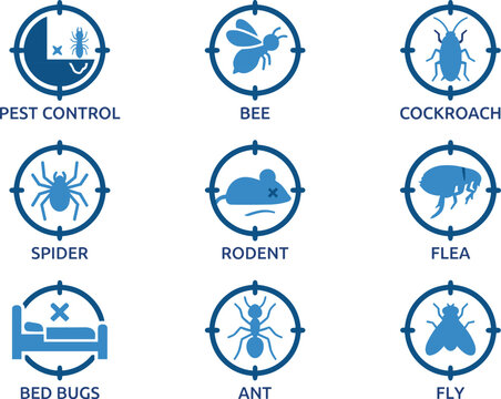 Pest control vector icons set, exterminator crosshair targets for bug extermination services, blue minimalist insect symbols for pest management