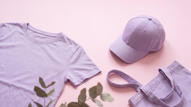Lilac t-shirt, baseball cap, and tote bag flat lay photo. Pastel purple apparel with eucalyptus leaves on pink background. Casual fashion outfit items for branding presentation.