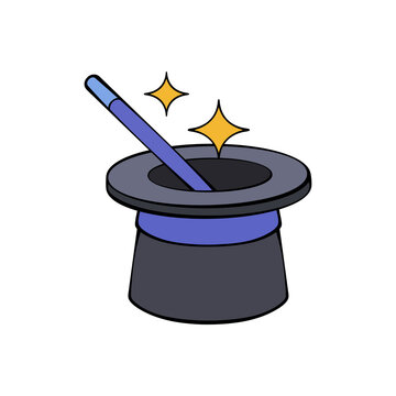 Magic hat vector illustration with wand and sparkling stars isolated on transparent background for magician show performance concept logo design