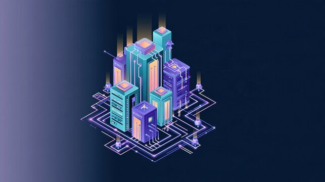 Isometric vector illustration of a compact futuristic tech city with glowing circuit paths and small robots on a dark navy background