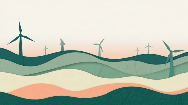 Minimalist paper-cut landscape with wind turbines on wavy green, cream and peach hills under a pale sky