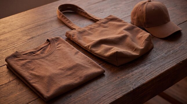 Brown t shirt, canvas tote bag, and baseball cap mockup photo. Display of blank apparel on wooden table. Blank clothing presentation for branding and merchandise design showcase.