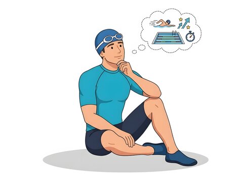 Swimmer thinking about swimming competition goals with thought bubble illustration on white background