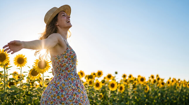 Young woman in floral dress arms outstretched in sunflower field