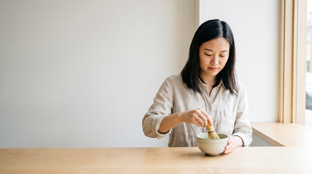 Asian woman whisking matcha in peaceful home setting