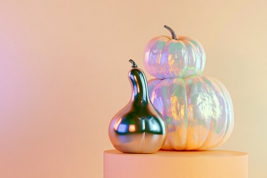 Stacked iridescent pearlescent pumpkins and a glossy metallic gourd on a pedestal against a soft pastel peach background