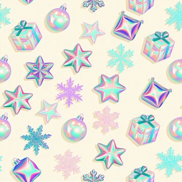 Seamless pattern of pearly holographic Christmas ornaments, six-pointed stars, presents and snowflakes in soft pastel colors