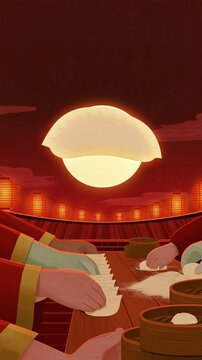 Giant glowing dumpling covering the moon above a table where hands pleat dumplings, red papercut style festive illustration